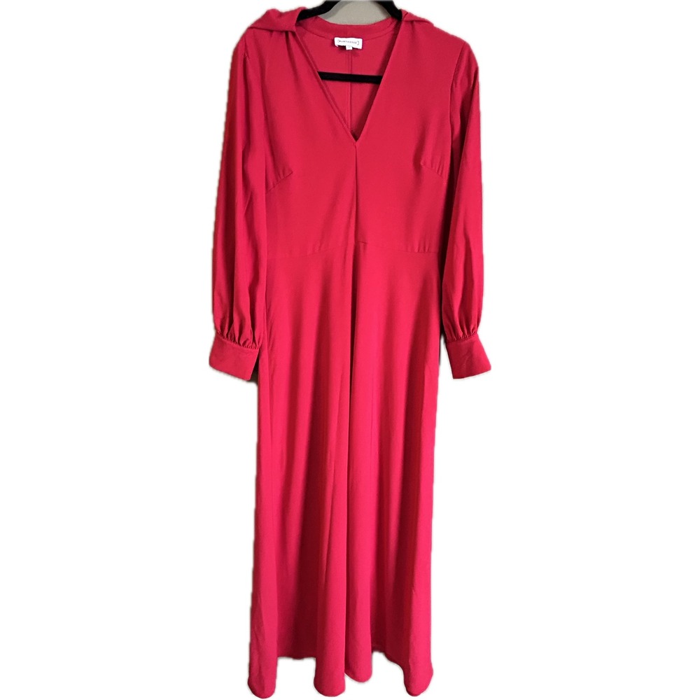 Warehouse Womens Red Midi Dress Size 12 Long Sleeve V Neck Collared A Line
